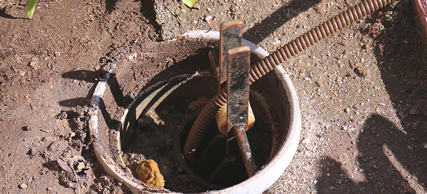 Plumber unclogging sewer pipe