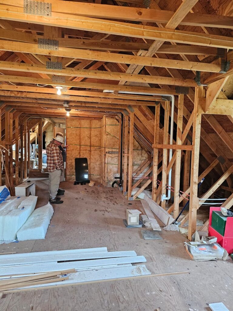 Interior view of a partially remodeled attic