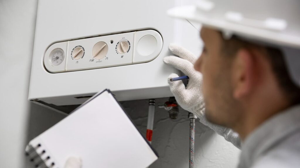 Worker repairing water heater